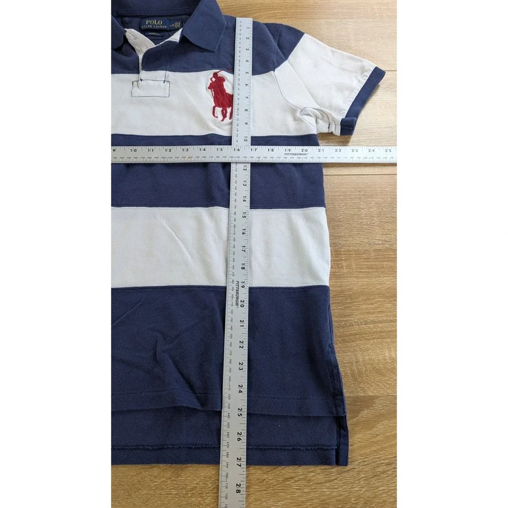 Polo Ralph Lauren Big Pony Mens L Custom Fit Rugby Stripe Crest Shirt Navy White